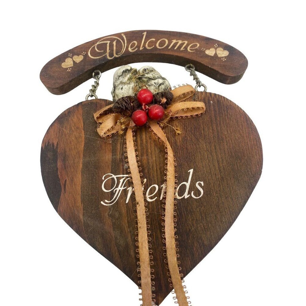 Welcome Friends Wooden Hanging Heart With Rustic Details & Bird Ornament